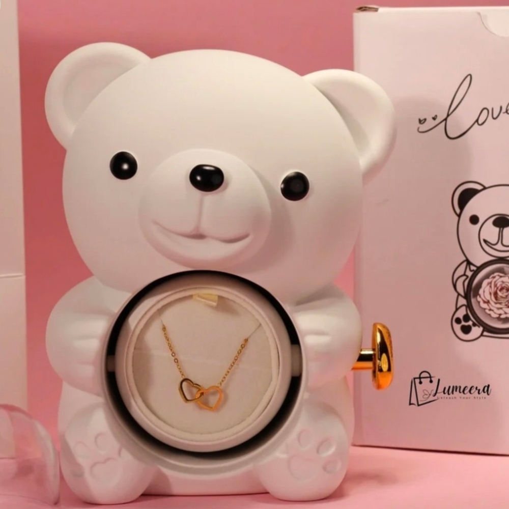 Bear Jewelry Case with Eternal Rose & Heart Pendant – Gift Set